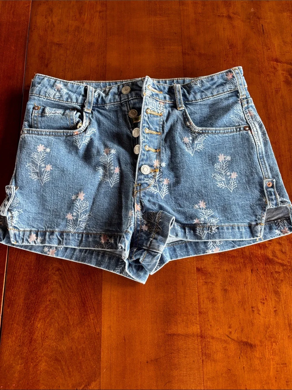 Anthropologie-Pilcro Blue Embroidered Denim Button-Front Shorts - Picture 4 of 7
